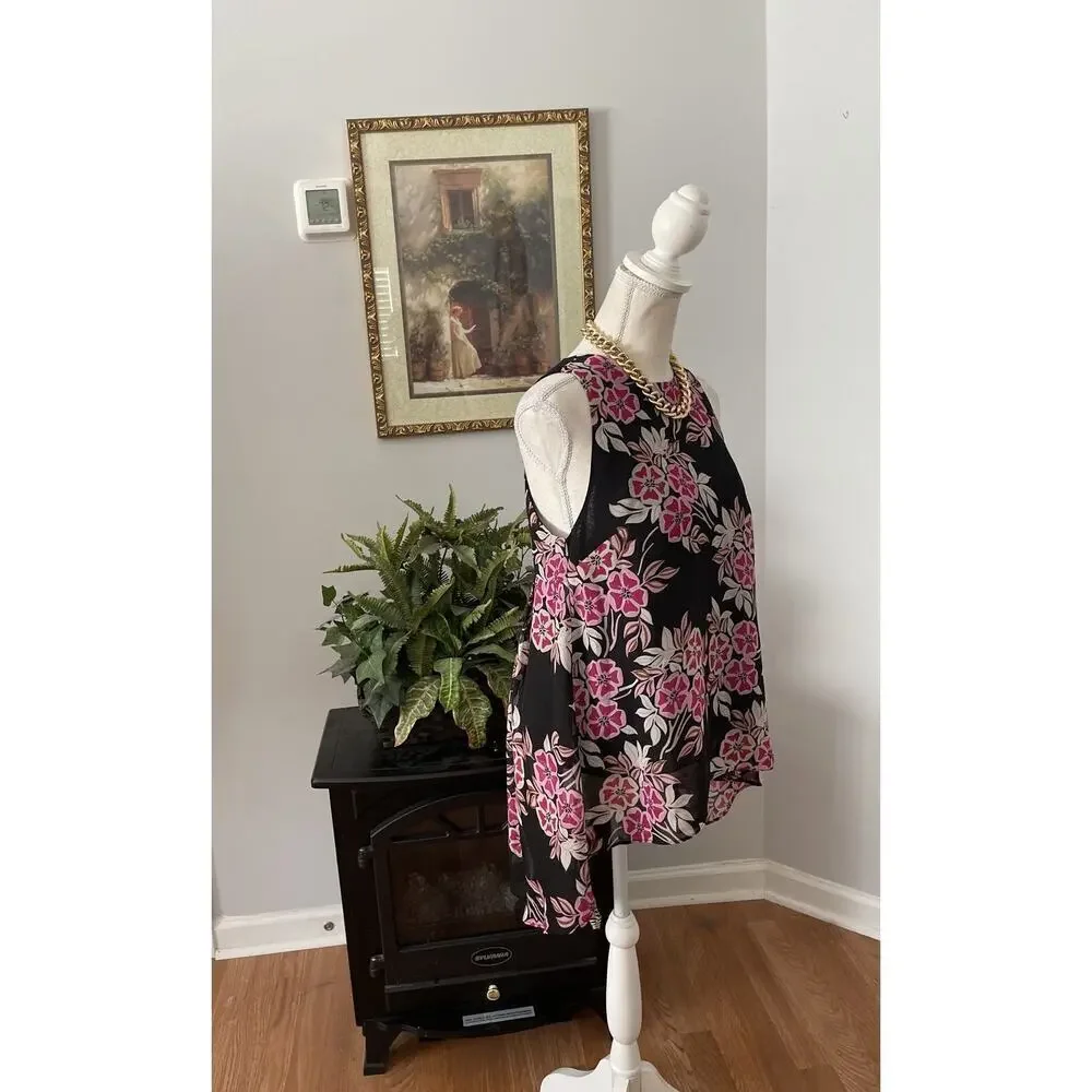 AXYEH Womens Small High Neck High And Low Sleeveless Floral Lined Collarless - Picture 7 of 11